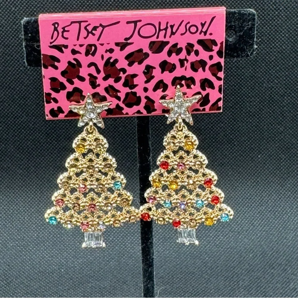 EARRINGS! Betsey Johnson Christmas Tree Earrings BNWT Multicolored Gemstones